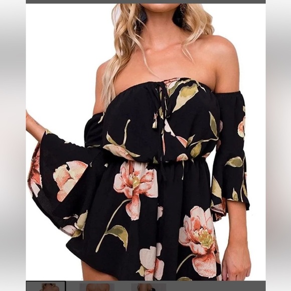 None Pants - Black and floral cold shoulder shorts romper jumpsuit flare sleeve